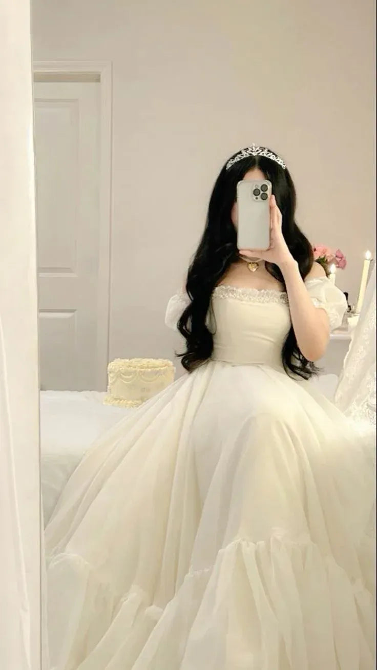 Regal Ballgown Off-Shoulder Puff-Sleeve Pearl Ivory Floor-Length Evening Dress for Women