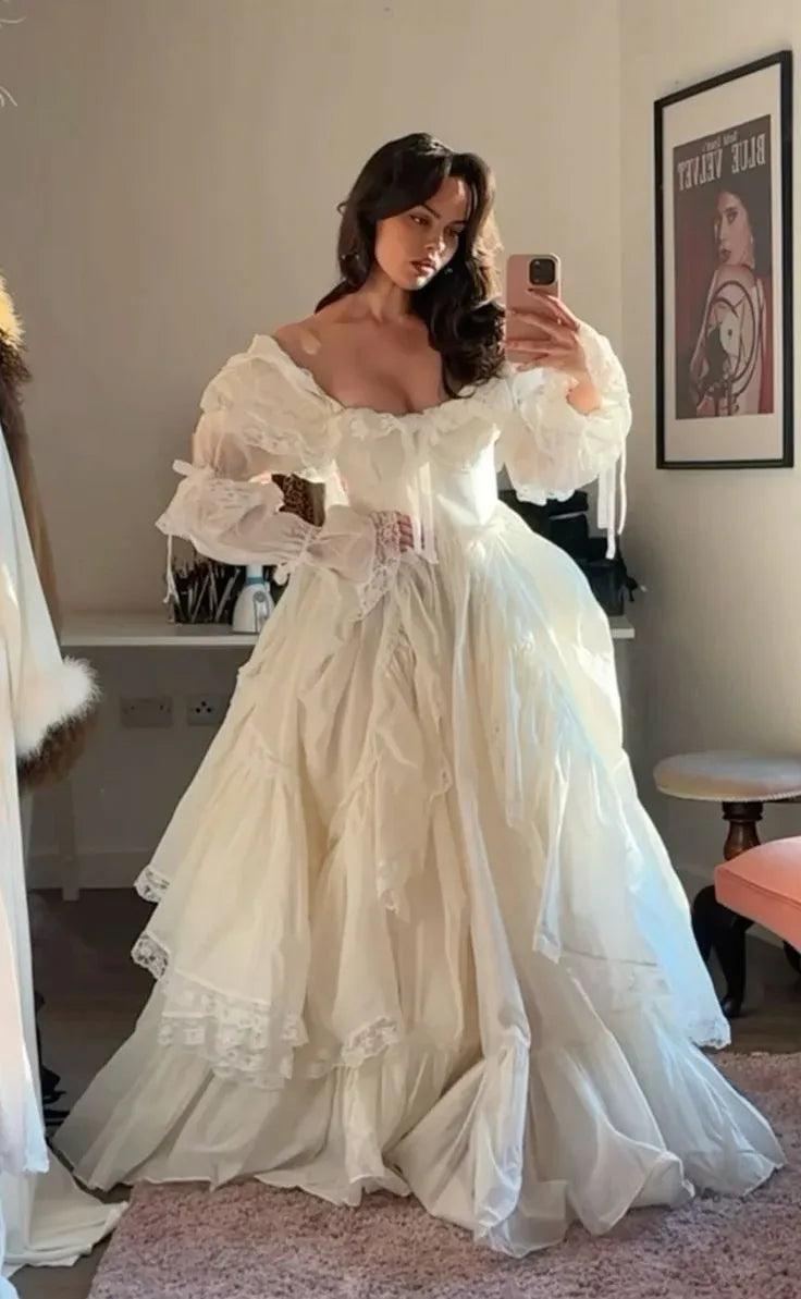 Regal Ballgown Off-Shoulder Ruffled Lace Satin White Floor-Length Evening Dress for Women