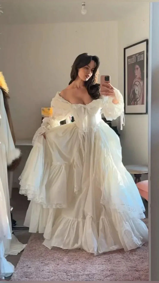 Regal Ballgown Off-Shoulder Ruffled Lace Satin White Floor-Length Evening Dress for Women