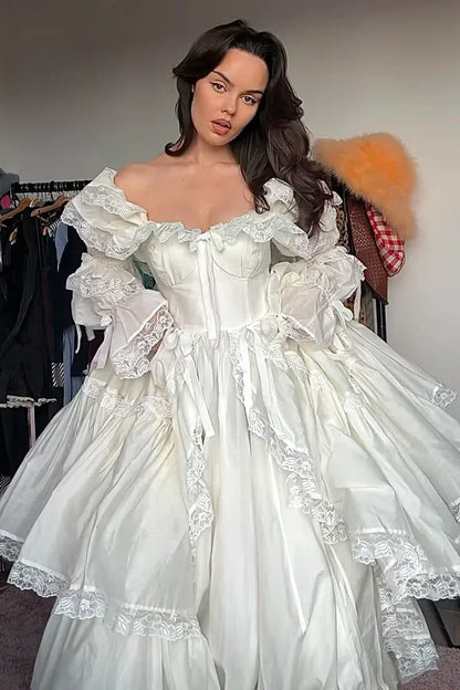 Regal Ballgown Off-Shoulder Ruffled Lace Satin White Floor-Length Evening Dress for Women