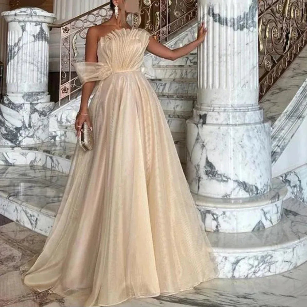 Regal Ballgown Off-Shoulder Sleeveless Pleated-Tulle Champagne Maxi Evening Dress for Women