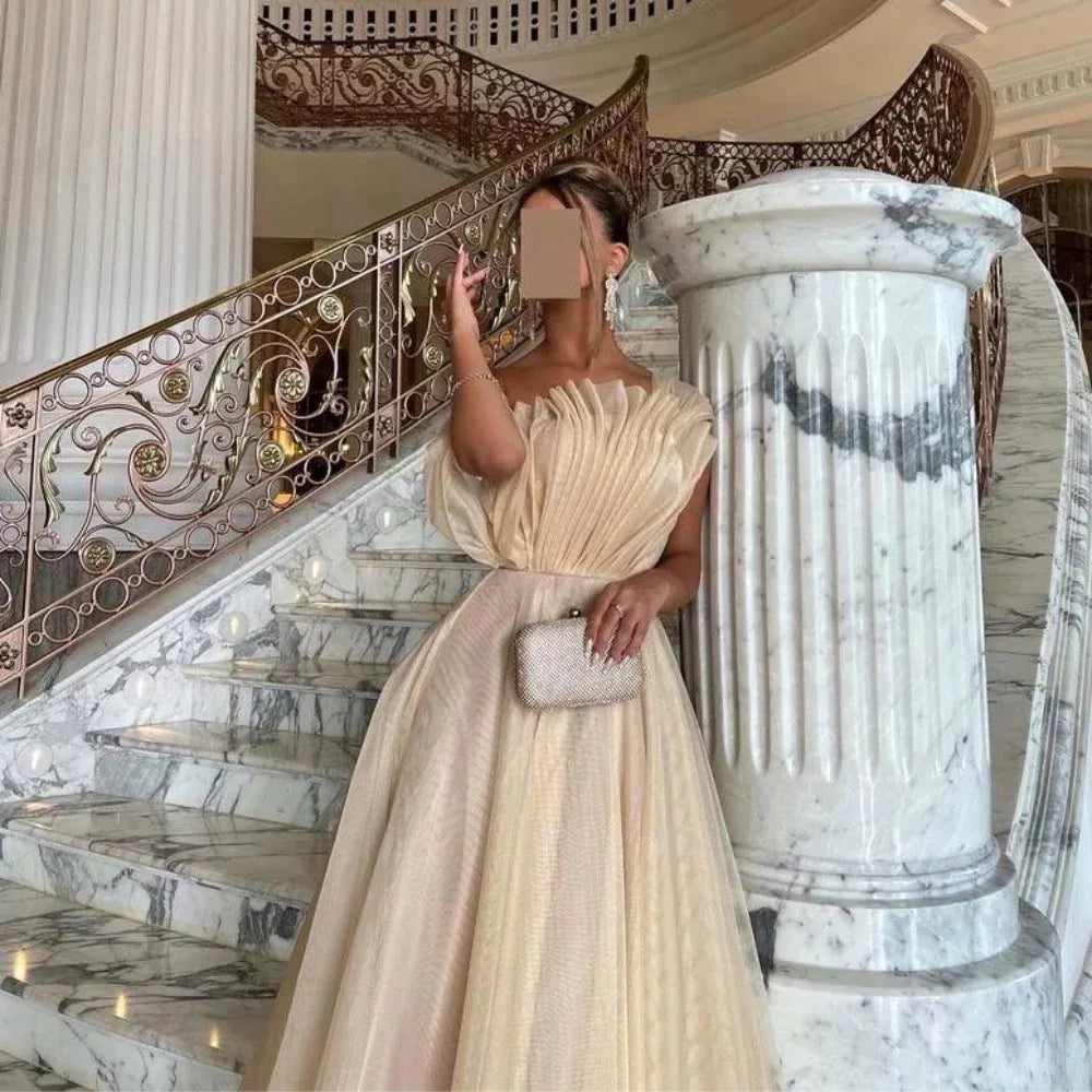 Regal Ballgown Off-Shoulder Sleeveless Pleated-Tulle Champagne Maxi Evening Dress for Women