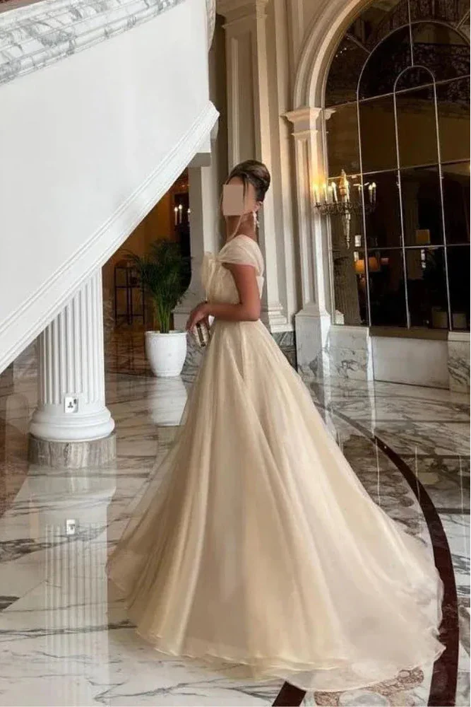 Regal Ballgown Off-Shoulder Sleeveless Pleated-Tulle Champagne Maxi Evening Dress for Women