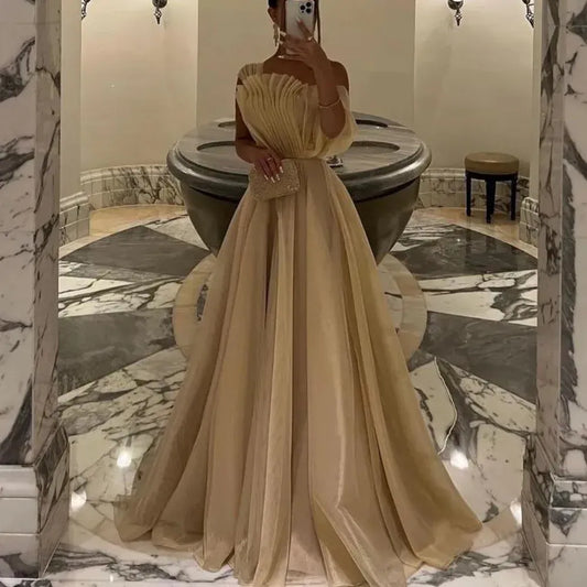 Regal Ballgown Off-Shoulder Sleeveless Pleated-Tulle Champagne Maxi Evening Dress for Women