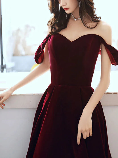 Regal Ballgown Off-the-Shoulder Sleeveless Velvet Burgundy Maxi Prom Dress for Women Custom