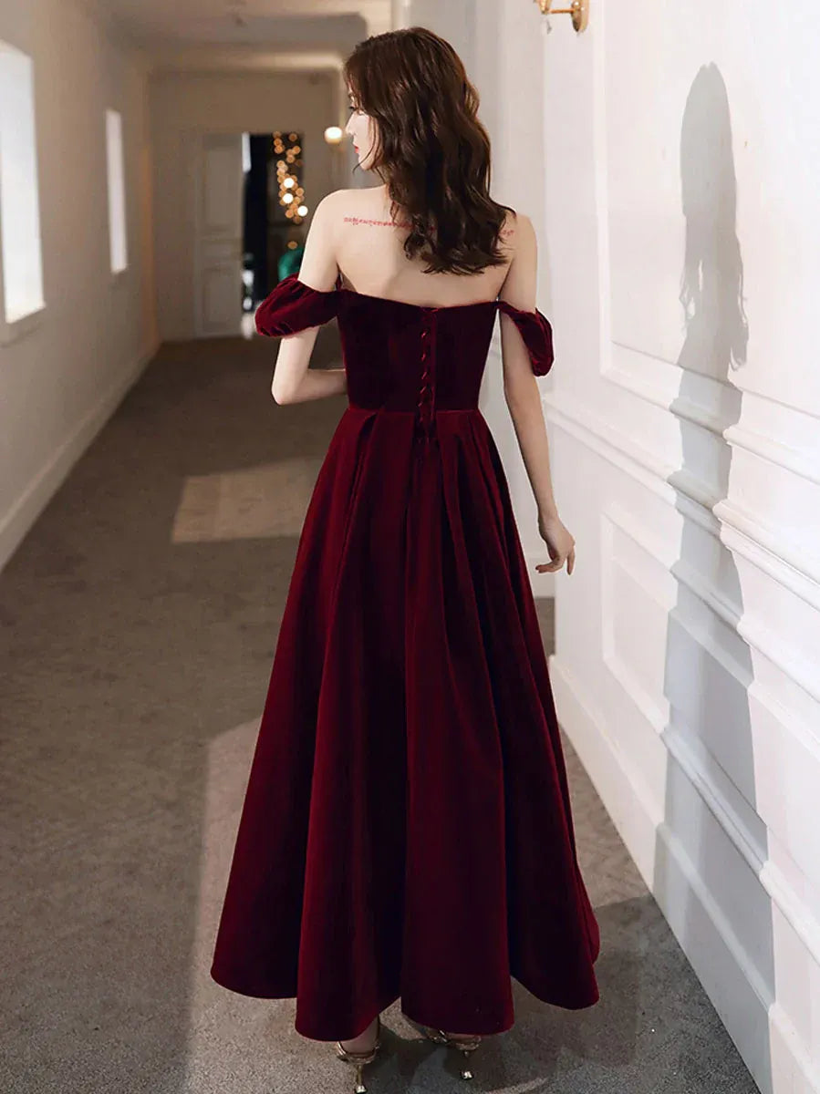 Regal Ballgown Off-the-Shoulder Sleeveless Velvet Burgundy Maxi Prom Dress for Women Custom