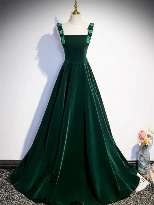 Regal Ballgown Square-Neck Embellished Velvet Emerald Green Maxi Evening Dress for Women