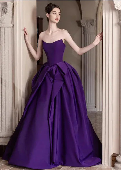 Regal Ballgown Strapless Bow-Accent Royal Purple Long Prom Dress for Women Ready to Ship