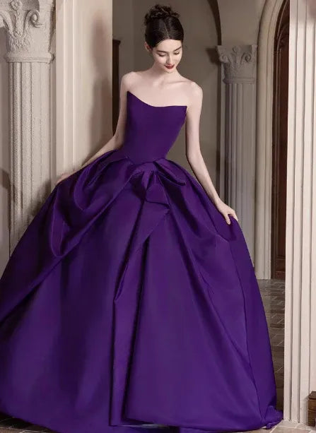 Regal Ballgown Strapless Bow-Accent Royal Purple Long Prom Dress for Women Ready to Ship