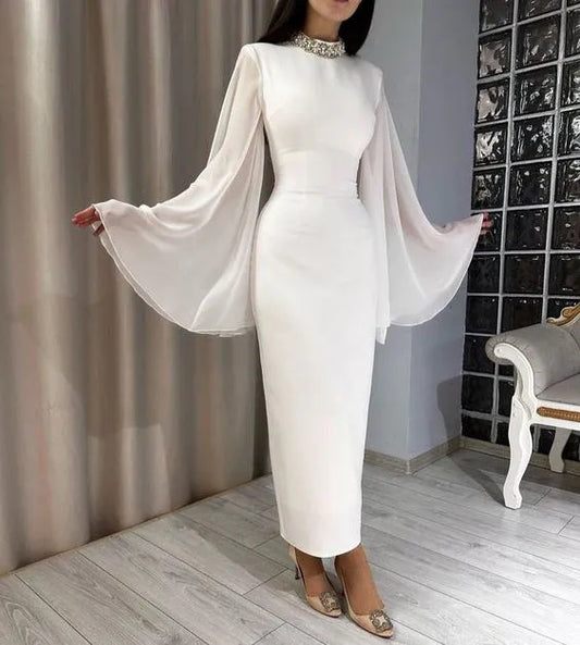 Regal Chiffon Midi Evening Dress White High Neck Bell Sleeves for Women