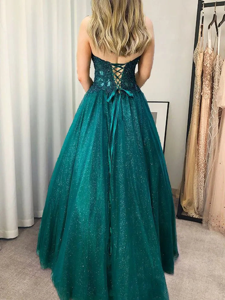 Regal Glitter-Tulle Maxi Evening Dress Emerald Sweetheart Strapless for Women
