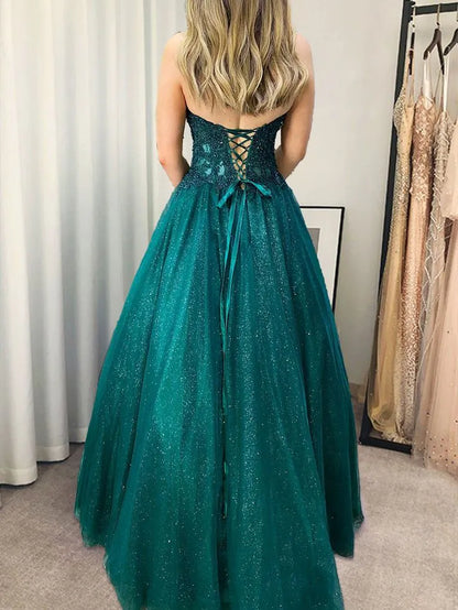 Regal Glitter-Tulle Maxi Evening Dress Emerald Sweetheart Strapless for Women