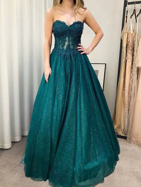 Regal Glitter-Tulle Maxi Evening Dress Emerald Sweetheart Strapless for Women