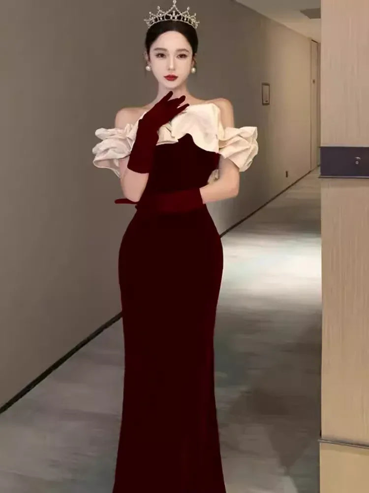 Regal Mermaid Off-Shoulder Ruffled Burgundy Floor-Length Prom Dress For Women Custom
