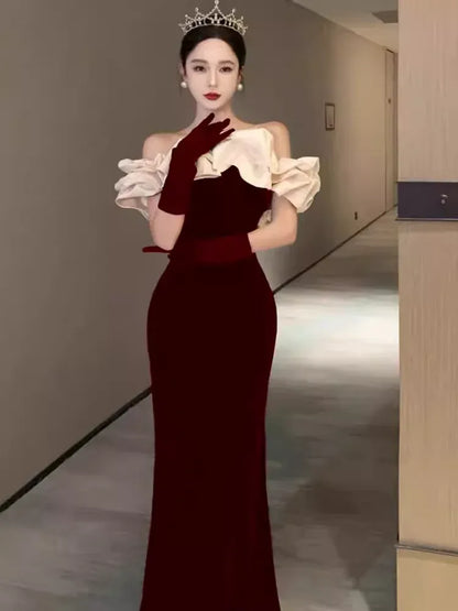 Regal Mermaid Off-Shoulder Ruffled Burgundy Floor-Length Prom Dress For Women Custom