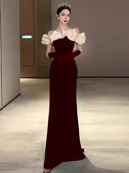 Regal Mermaid Off-Shoulder Ruffled Burgundy Floor-Length Prom Dress For Women Custom