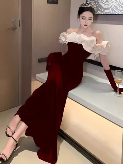 Regal Mermaid Off-Shoulder Ruffled Burgundy Floor-Length Prom Dress For Women Custom