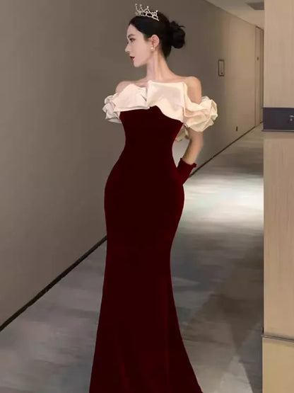 Regal Mermaid Off-Shoulder Ruffled Burgundy Floor-Length Prom Dress For Women Custom