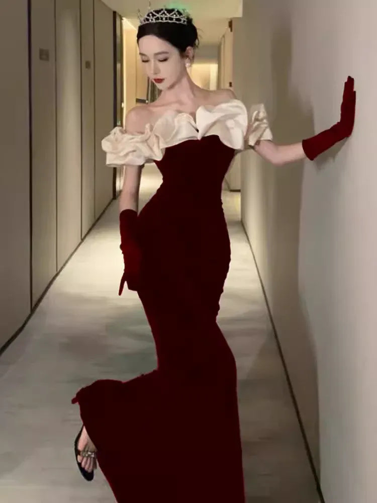 Regal Mermaid Off-Shoulder Ruffled Burgundy Floor-Length Prom Dress For Women Custom