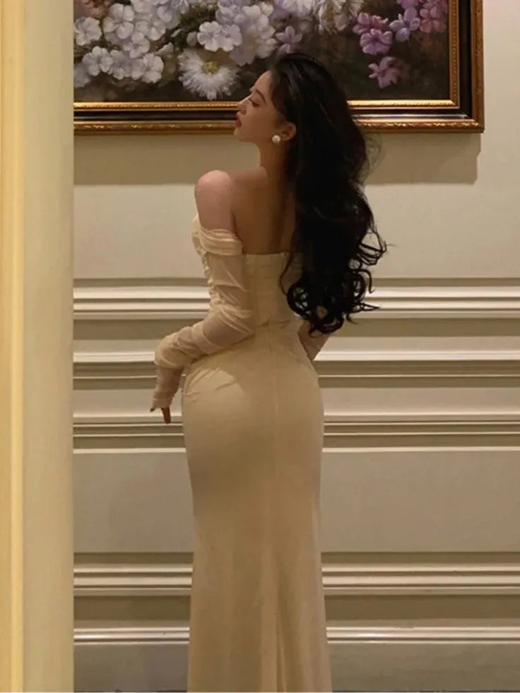Regal Mermaid Off-Shoulder Sheer Long-Sleeve Satin Champagne Maxi Evening Dress for Women