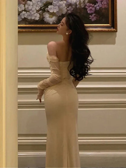 Regal Mermaid Off-Shoulder Sheer Long-Sleeve Satin Champagne Maxi Evening Dress for Women