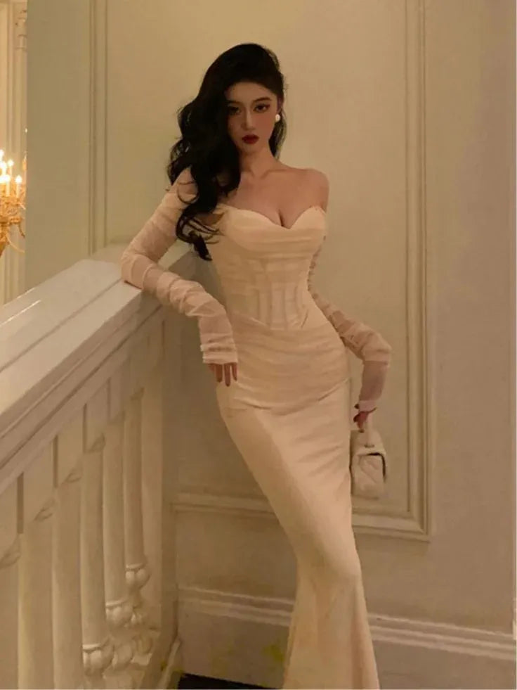 Regal Mermaid Off-Shoulder Sheer Long-Sleeve Satin Champagne Maxi Evening Dress for Women