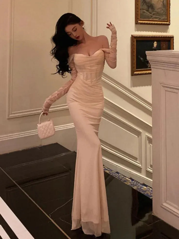 Regal Mermaid Off-Shoulder Sheer Long-Sleeve Satin Champagne Maxi Evening Dress for Women