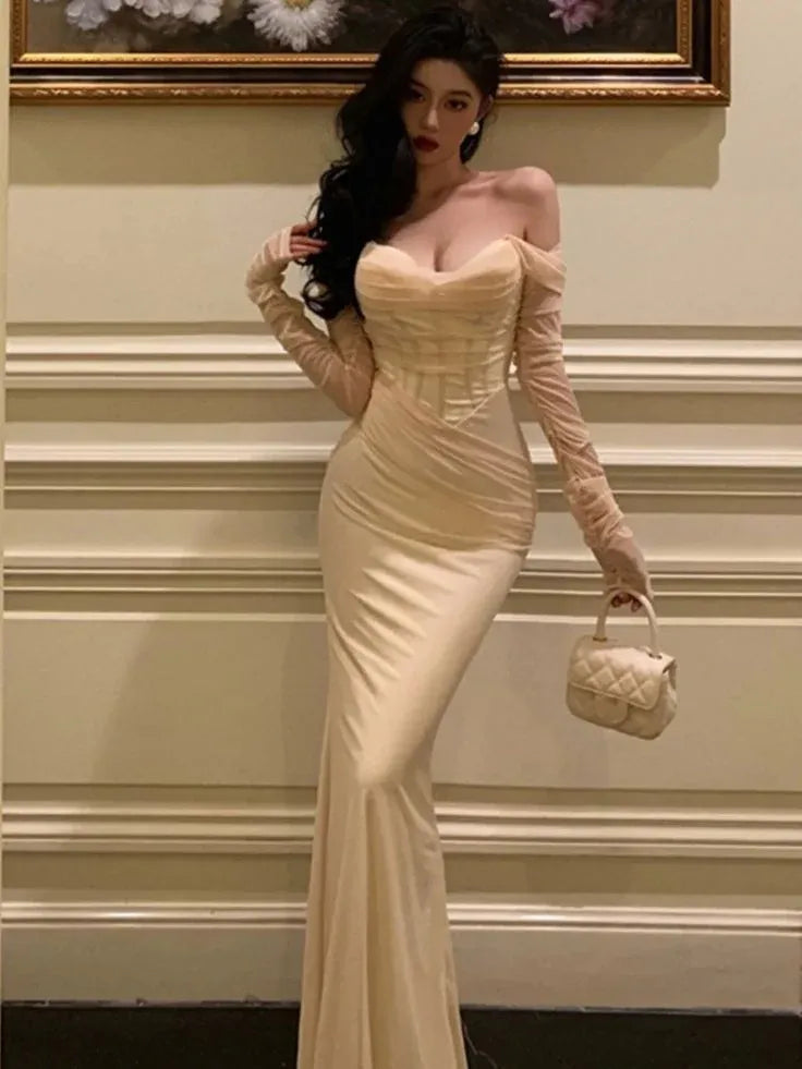 Regal Mermaid Off-Shoulder Sheer Long-Sleeve Satin Champagne Maxi Evening Dress for Women