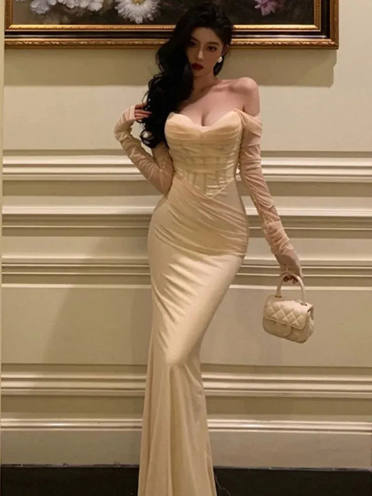 Regal Mermaid Off-Shoulder Sheer Long-Sleeve Satin Champagne Maxi Evening Dress for Women