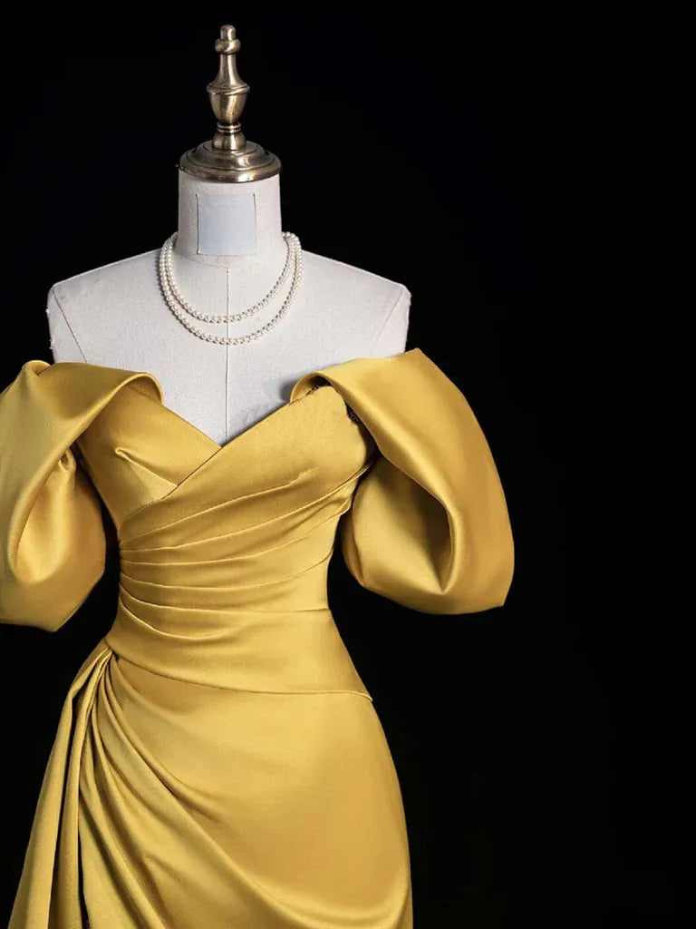 Regal Mermaid Off-Shoulder Short-Sleeve Ruched Gold Maxi Prom Dress for Women Custom