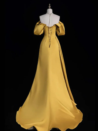 Regal Mermaid Off-Shoulder Short-Sleeve Ruched Gold Maxi Prom Dress for Women Custom