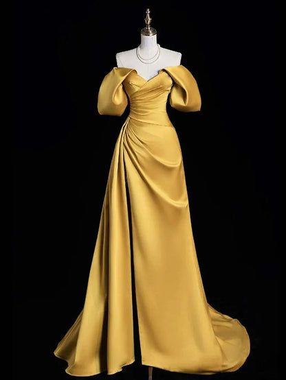 Regal Mermaid Off-Shoulder Short-Sleeve Ruched Gold Maxi Prom Dress for Women Custom