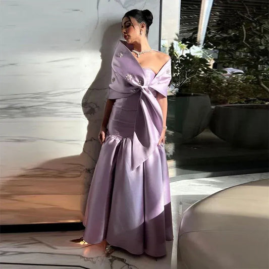 Regal Mermaid One-Shoulder Bow-Accent Satin Lavender Maxi Evening Dress for Women
