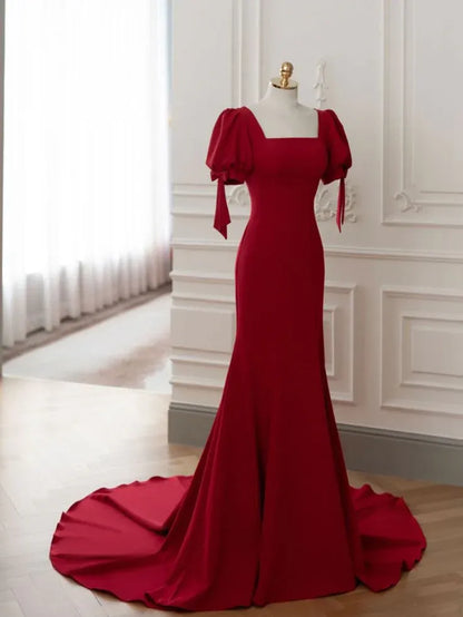 Regal Mermaid Square Neck Puff Sleeve Bow Red Prom Dress With Train