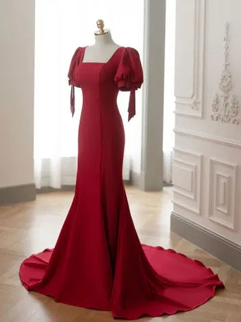 Regal Mermaid Square Neck Puff Sleeve Bow Red Prom Dress With Train