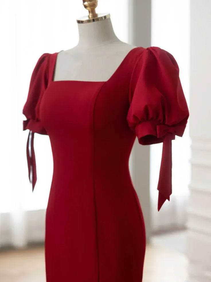 Regal Mermaid Square Neck Puff Sleeve Bow Red Prom Dress With Train
