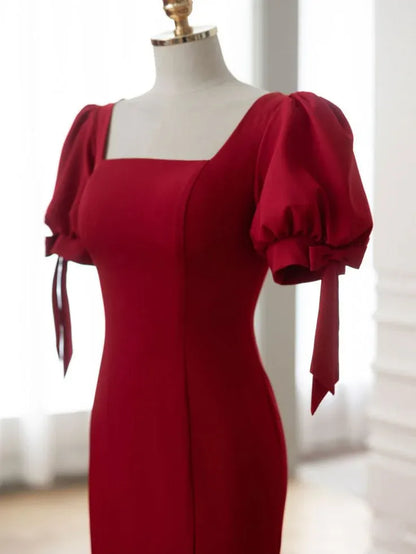 Regal Mermaid Square Neck Puff Sleeve Bow Red Prom Dress With Train
