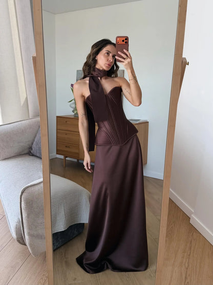 Regal Mermaid Strapless Corset Brown Floor-Length Prom Dress With Scarf