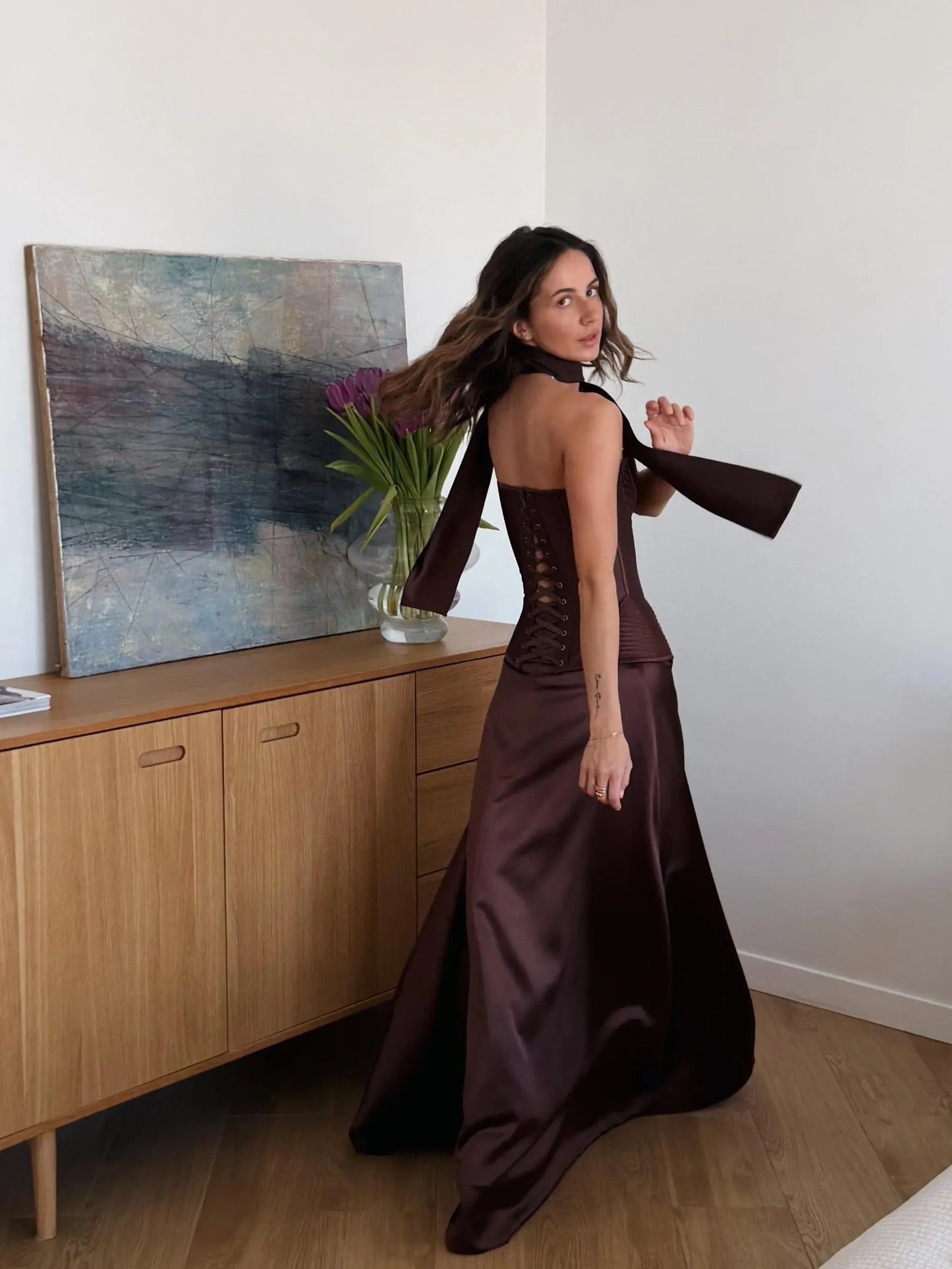 Regal Mermaid Strapless Corset Brown Floor-Length Prom Dress With Scarf