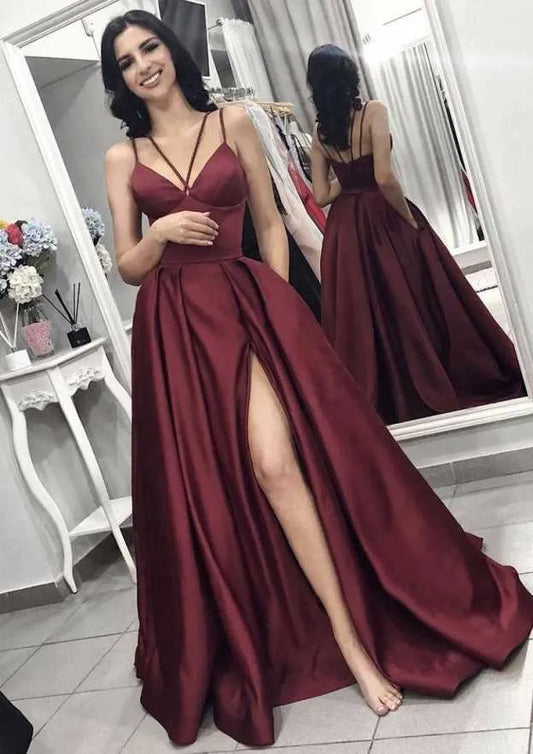Regal Satin Floor-Length Evening Dress Burgundy Deep V Spaghetti-Strap Women