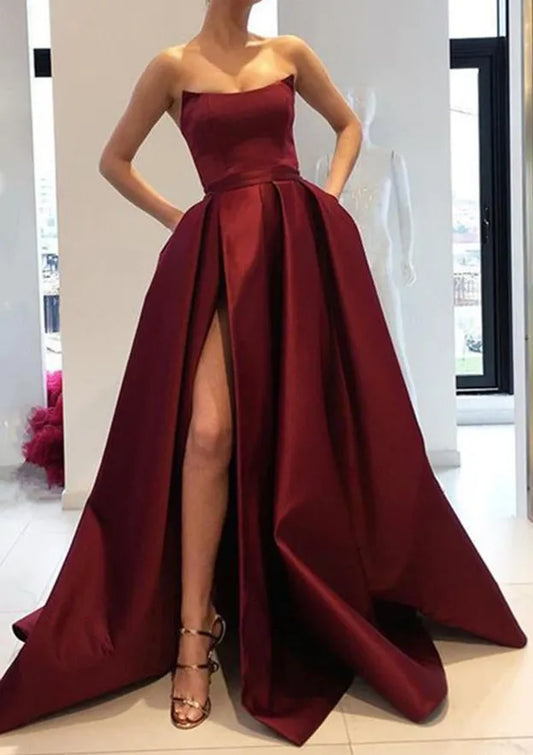 Regal Satin Floor-Length Evening Dress Burgundy Strapless Sleeveless Women