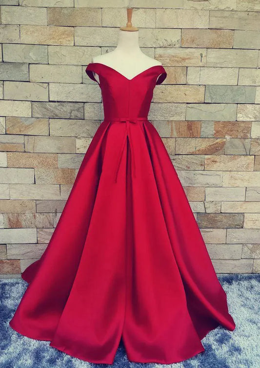 Regal Satin Long Evening Dress Red Off-Shoulder Sleeveless Party Gown for Women