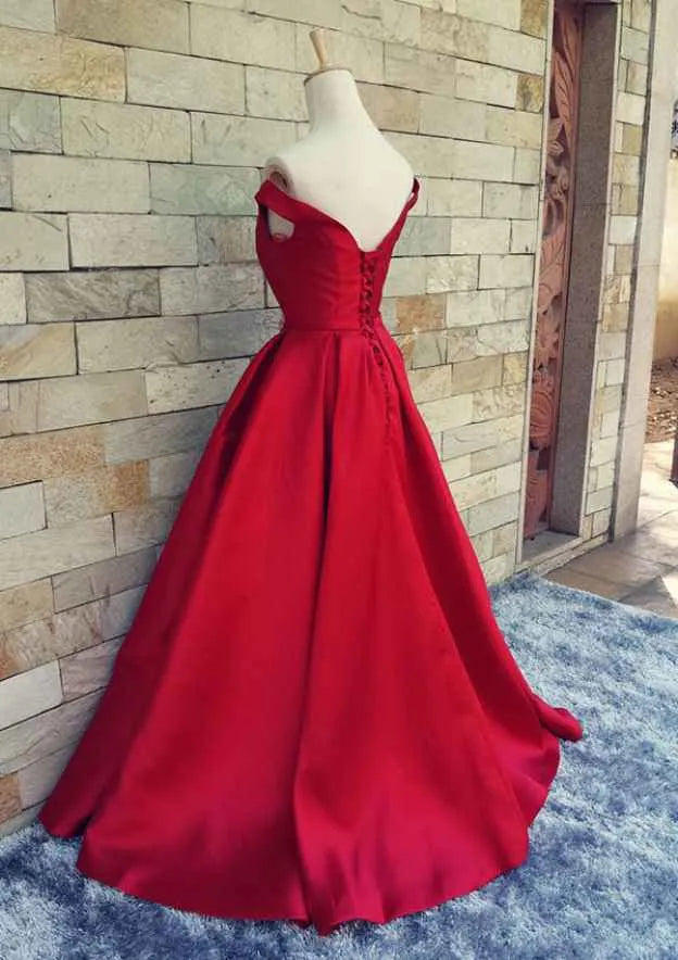 Regal Satin Long Evening Dress Red Off-Shoulder Sleeveless Party Gown for Women