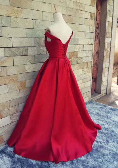 Regal Satin Long Evening Dress Red Off-Shoulder Sleeveless Party Gown for Women