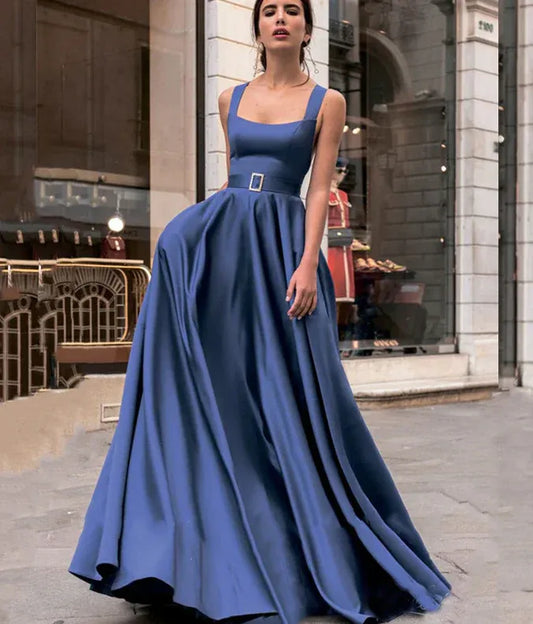 Regal Satin Long Evening Dress Royal Blue Square Neck Crisscross Back for Women