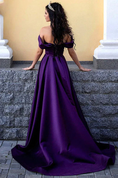 Regal Satin Long Evening Dress Royal Purple Off-Shoulder Party Gown for Women