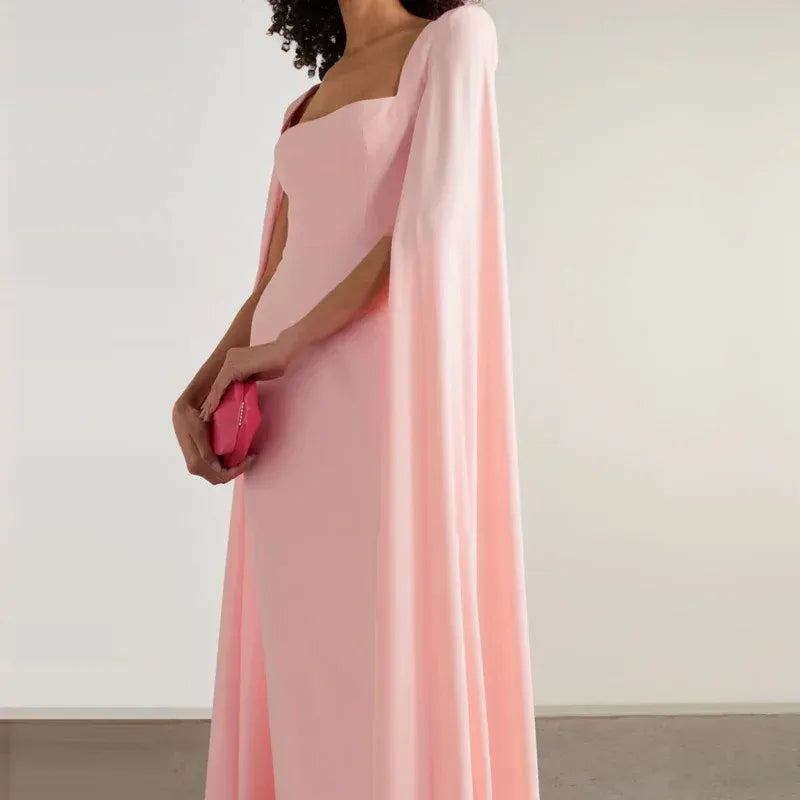 Regal Sheath Square-Neck Cape-Accent Satin Blush Maxi Evening Dress for Women