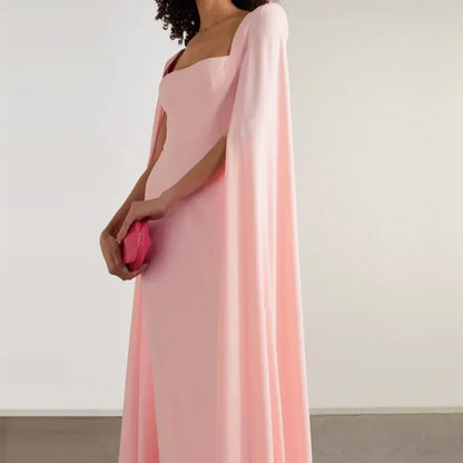 Regal Sheath Square-Neck Cape-Accent Satin Blush Maxi Evening Dress for Women