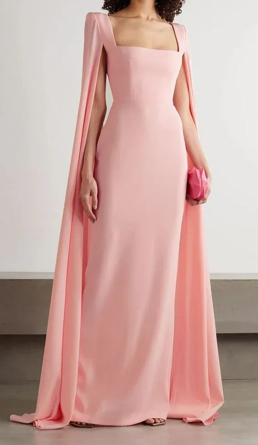 Regal Sheath Square-Neck Cape-Accent Satin Blush Maxi Evening Dress for Women