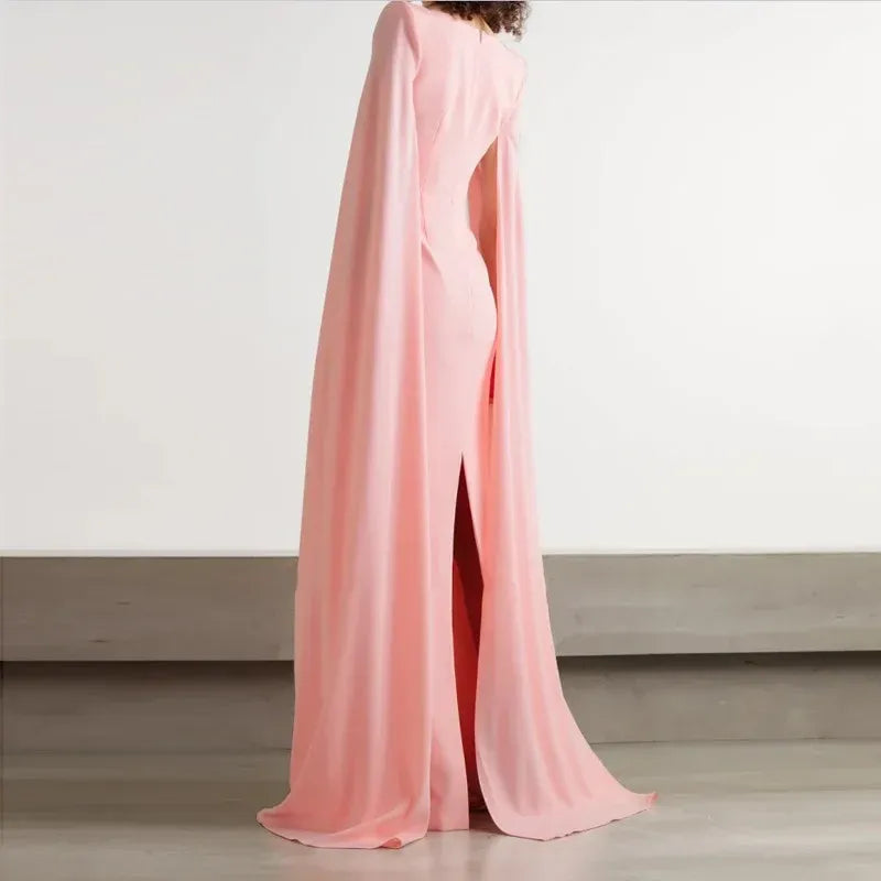 Regal Sheath Square-Neck Cape-Accent Satin Blush Maxi Evening Dress for Women